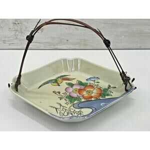 Vintage Colorful Flowers Wave Bird Trinket Dish Bamboo Handle Moriage Japan